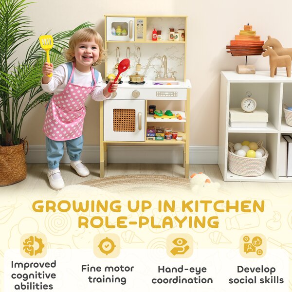AIYAPLAY Cucina Giocattolo in Legno con Suono e Accessori, in Acciaio Inox, Oro | Aosom Italy
