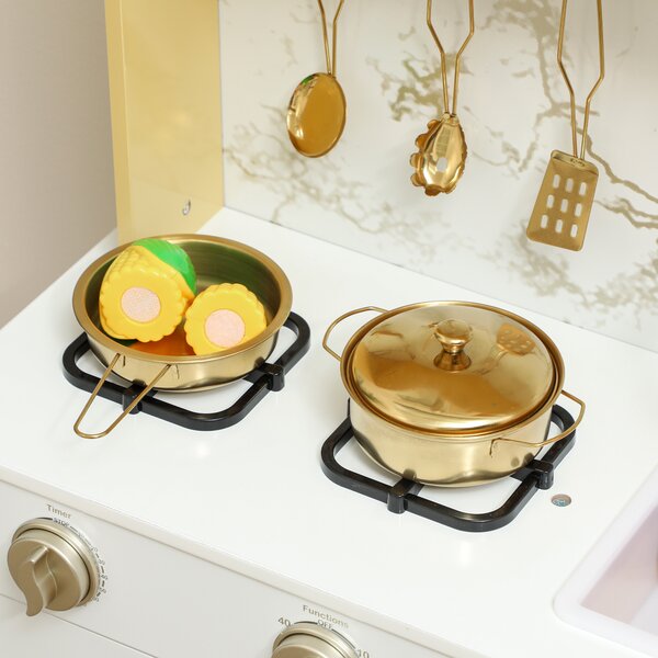 AIYAPLAY Cucina Giocattolo in Legno con Suono e Accessori, in Acciaio Inox, Oro | Aosom Italy