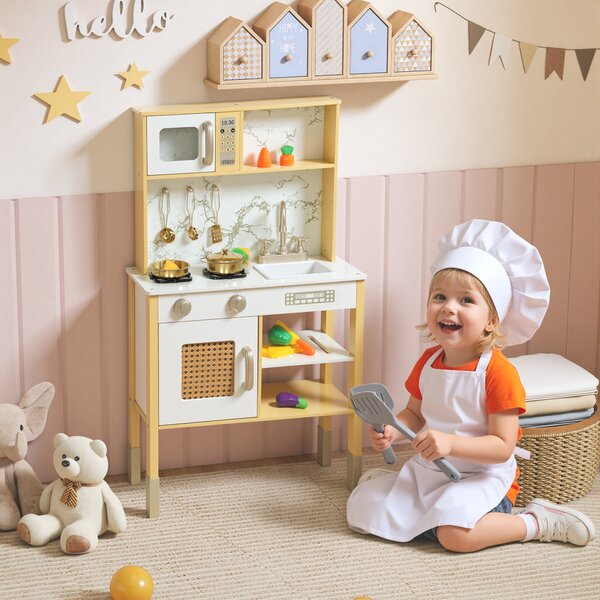 AIYAPLAY Cucina Giocattolo in Legno con Suono e Accessori, in Acciaio Inox, Oro | Aosom Italy