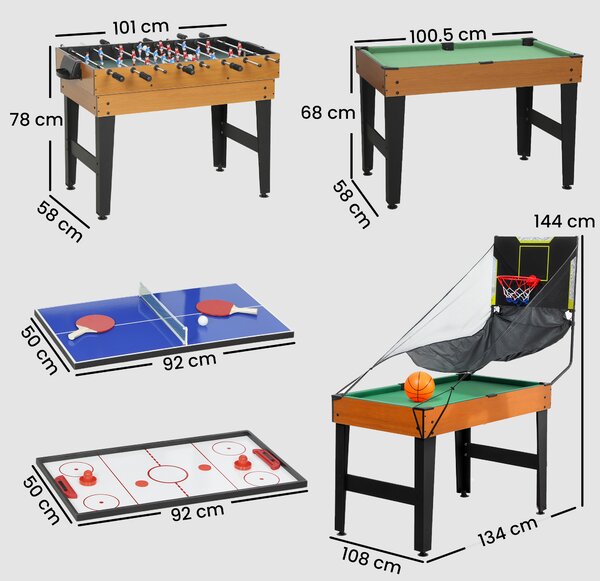 SPORTNOW tavolo multigioco 5-in-1, 53 pezzi di accessori, calcio balilla, hockey da tavolo, ping-pong, biliardo, basket, noce | Aosom Italy