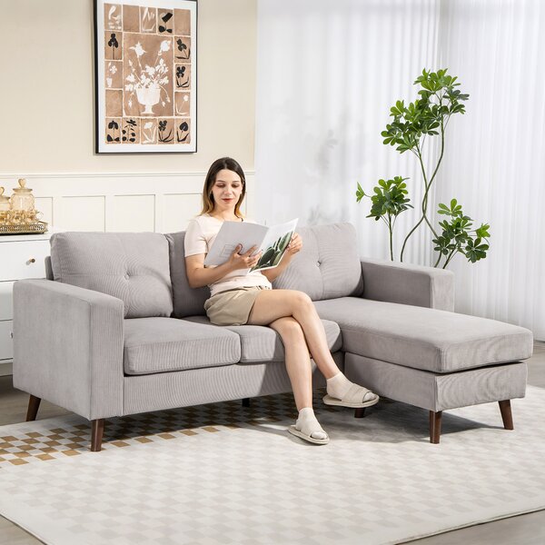 HOMCOM Divano ad angolo reversibile in velluto a coste, divano 3 posti con penisola, telaio in acciaio, 192x137x84cm, grigio chiaro | Aosom Italy