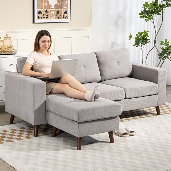 HOMCOM Divano ad angolo reversibile in velluto a coste, divano 3 posti con penisola, telaio in acciaio, 192x137x84cm, grigio chiaro | Aosom Italy