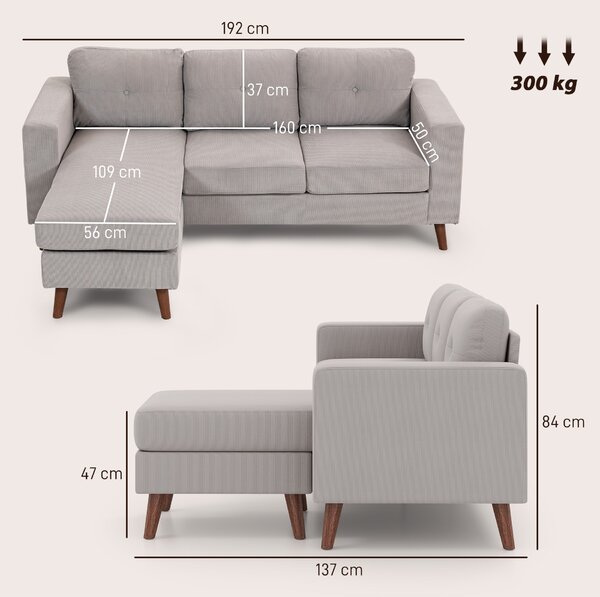 HOMCOM Divano ad angolo reversibile in velluto a coste, divano 3 posti con penisola, telaio in acciaio, 192x137x84cm, grigio chiaro | Aosom Italy