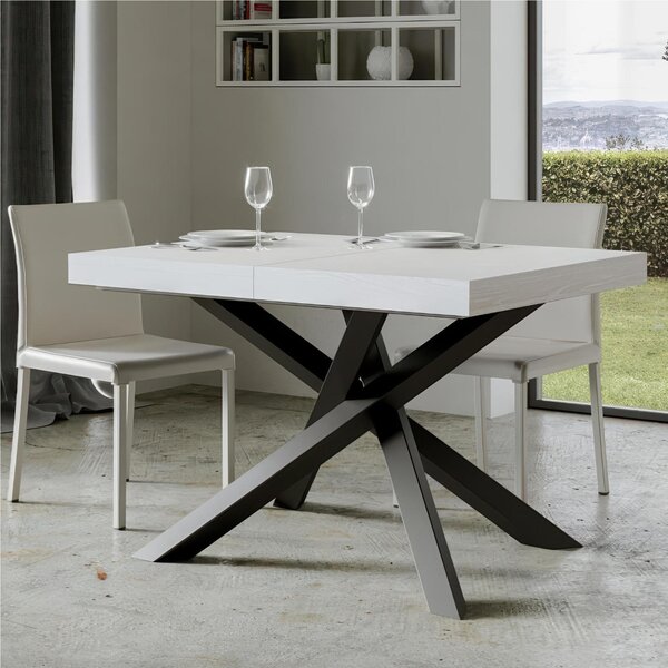 Tavolo Allungabile con 2 allunghe VOLANTIS Premium Bianco 90x120xh77 cm estensibile fino a 224 cm Allunghe da 52 cm, gambe in Ferro verniciate Antracite, piano Bianco Frassino