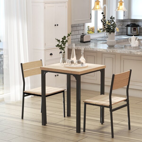 HOMCOM Set Tavolo da Pranzo con 2 Sedie per Casa e Cucina, Metallo e Legno Light Wood Grain Color, Black Frame Table: 60x60x76cm; Chair: 39.5x48x82.5cm