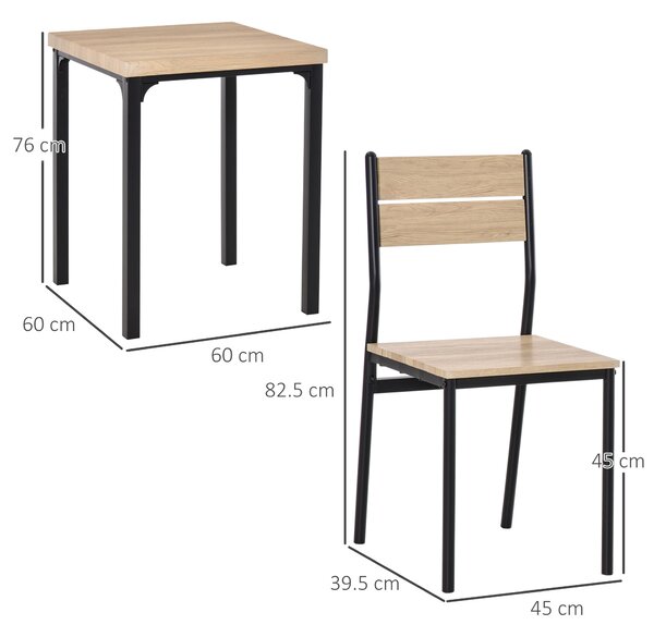 HOMCOM Set Tavolo da Pranzo con 2 Sedie per Casa e Cucina, Metallo e Legno Light Wood Grain Color, Black Frame Table: 60x60x76cm; Chair: 39.5x48x82.5cm