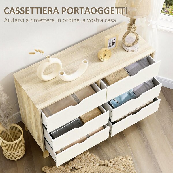 HOMCOM Cassettiera Moderno 6 Cassetti in Legno con Maniglie Intagliate, 120x40x76 cm, Bianco e Rovere| Aosom Italy