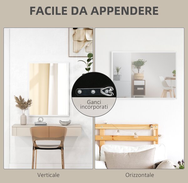 HOMCOM Specchio da Parete Rettangolare con Ganci, in Vetro e MDF, 60x80 cm, Bianco | Aosom Italy
