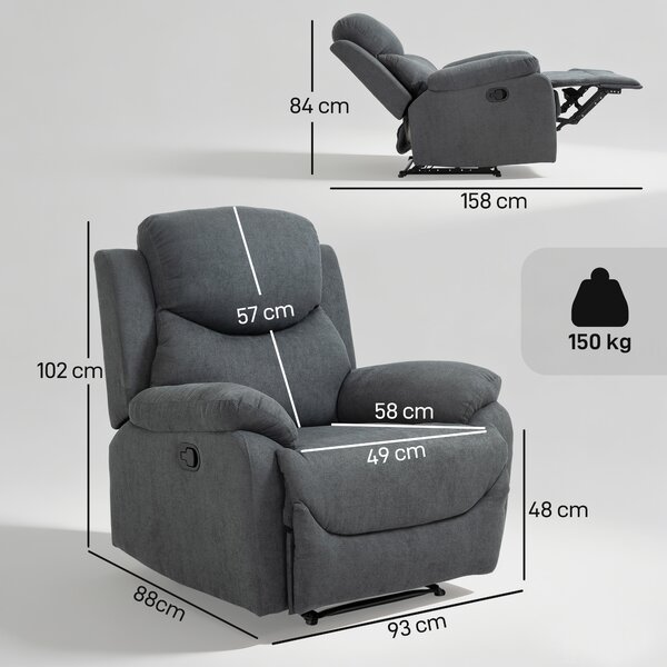 HOMCOM Poltrona Relax Manuale in Lino Grigio, Schienale Reclinabile 150° e Poggiapiedi, per Casa e Ufficio 97x96x105.5cm|Aosom
