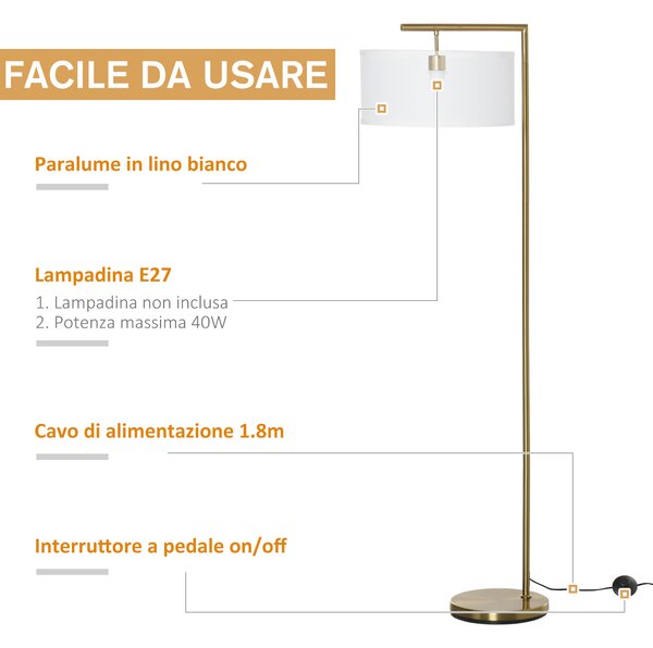 HOMCOM Lampada da Terra Moderna in Metallo e Paralume in Tessuto, Lampada da Lettura E27 47x37x153cm, Oro e Bianco
