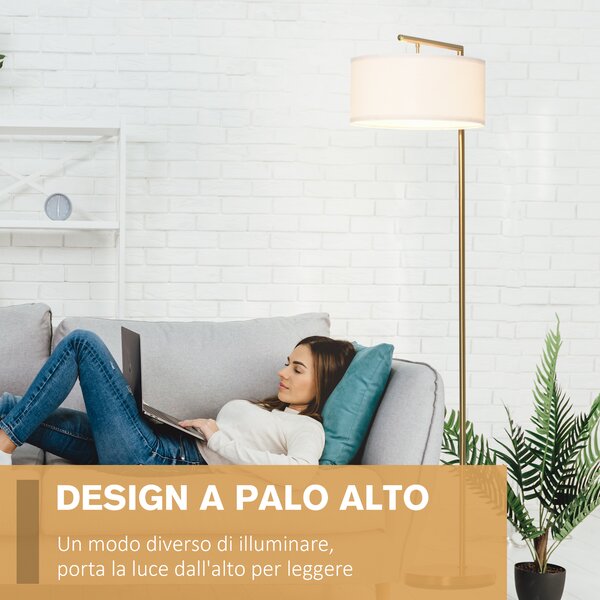 HOMCOM Lampada da Terra Moderna in Metallo e Paralume in Tessuto, Lampada da Lettura E27 47x37x153cm, Oro e Bianco