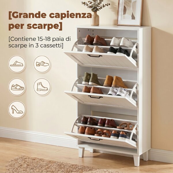 HOMCOM Mobile Portascarpe, 3 Cassetti Ribaltabili, Ripiani Regolabili, Stretto, Bianco. | Aosom Italy