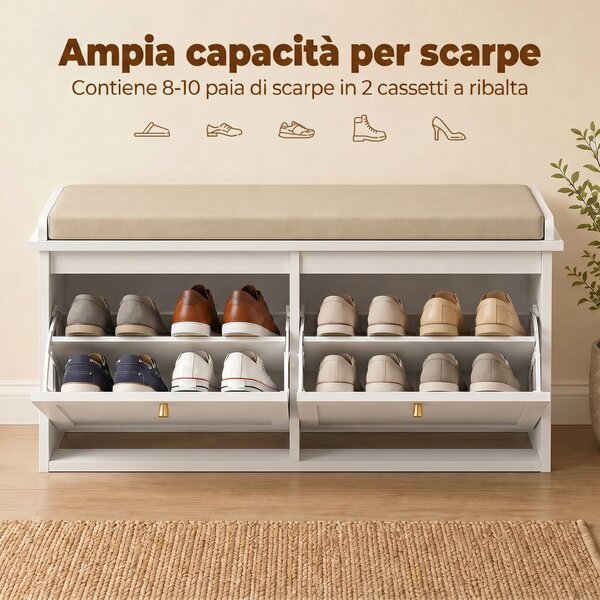 HOMCOM Panca Portascarpe, Mobile Ingresso, Cuscino Imbottito, 2 Cassetti Ribaltabili, 8-10 Paia Scarpe | Aosom Italy