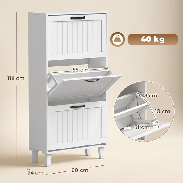HOMCOM Mobile Portascarpe, 3 Cassetti Ribaltabili, Ripiani Regolabili, Stretto, Bianco. | Aosom Italy