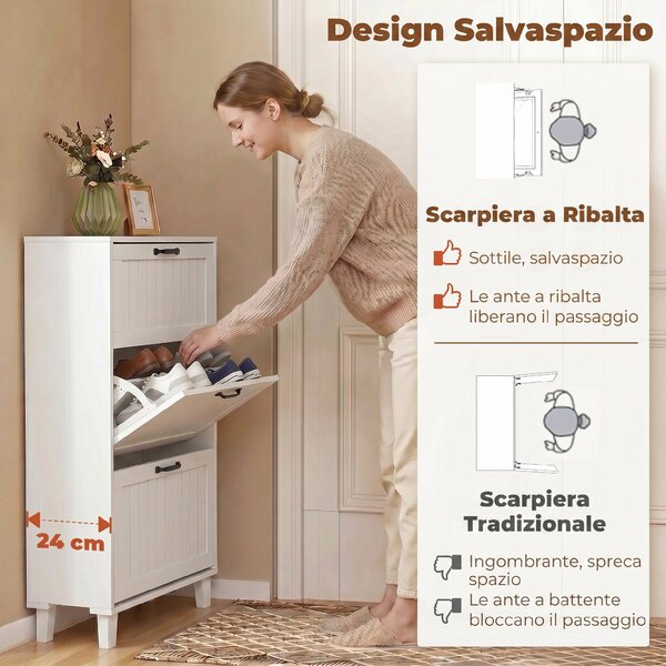 HOMCOM Mobile Portascarpe, 3 Cassetti Ribaltabili, Ripiani Regolabili, Stretto, Bianco. | Aosom Italy