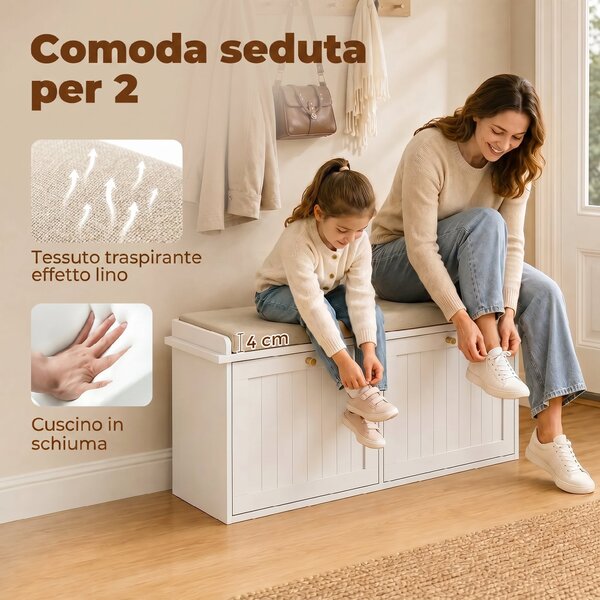HOMCOM Panca Portascarpe, Mobile Ingresso, Cuscino Imbottito, 2 Cassetti Ribaltabili, 8-10 Paia Scarpe | Aosom Italy
