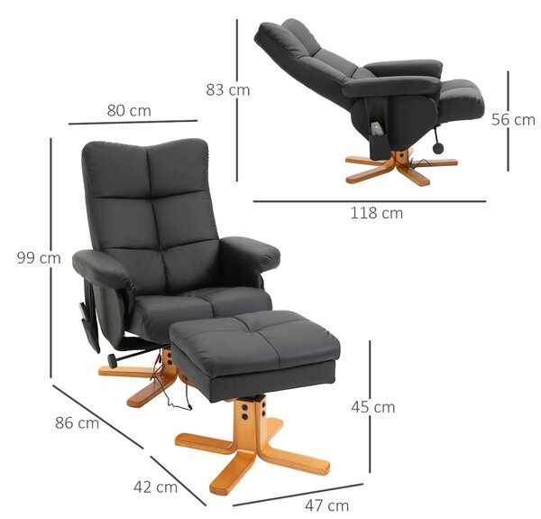 HOMCOM Poltrona Massaggiante Reclinabile a 145° con Pouf Poggiapiedi, 80x86x99cm, Nero
