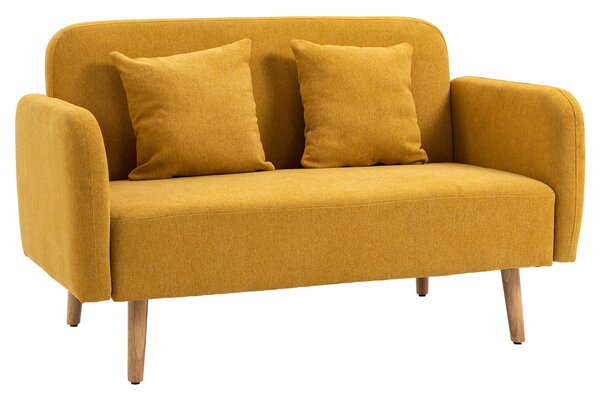 HOMCOM Divano doppio rivestimento con cuscini divanetto in tessuto design compatto moderno a due posti regolabile in altezza vellutato poliestere gomma legno schiuma natura + giallo 130 x 70 x 80 cm