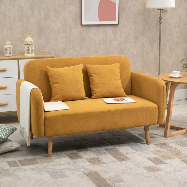 HOMCOM Divano doppio rivestimento con cuscini divanetto in tessuto design compatto moderno a due posti regolabile in altezza vellutato poliestere gomma legno schiuma natura + giallo 130 x 70 x 80 cm