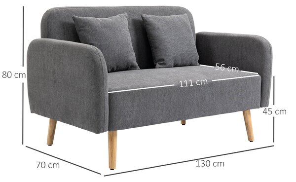HOMCOM Divano doppio rivestimento con cuscini divanetto in tessuto design compatto moderno a due posti regolabile in altezza vellutato poliestere gomma legno schiuma grigio + naturale 130 x 70 x 80 cm