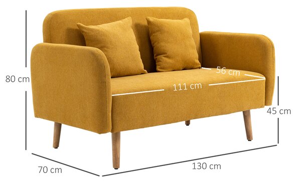 HOMCOM Divano doppio rivestimento con cuscini divanetto in tessuto design compatto moderno a due posti regolabile in altezza vellutato poliestere gomma legno schiuma natura + giallo 130 x 70 x 80 cm