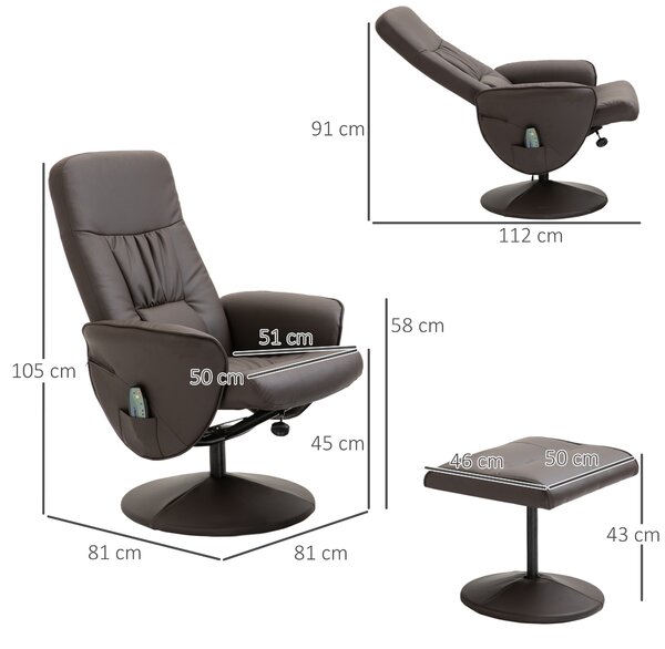 HOMCOM Poltrona Relax Massaggiante Reclinabile a 145° con Poggiapiedi, 76x81x105cm, Marrone