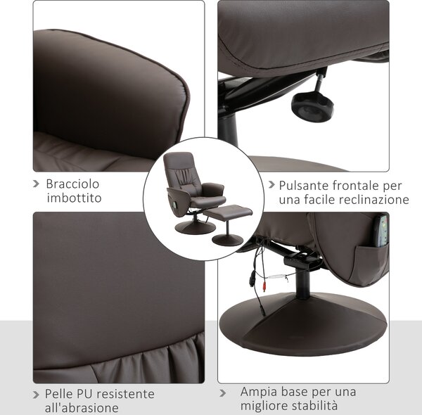 HOMCOM Poltrona Relax Massaggiante Reclinabile a 145° con Poggiapiedi, 76x81x105cm, Marrone