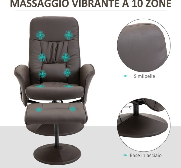 HOMCOM Poltrona Relax Massaggiante Reclinabile a 145° con Poggiapiedi, 76x81x105cm, Marrone