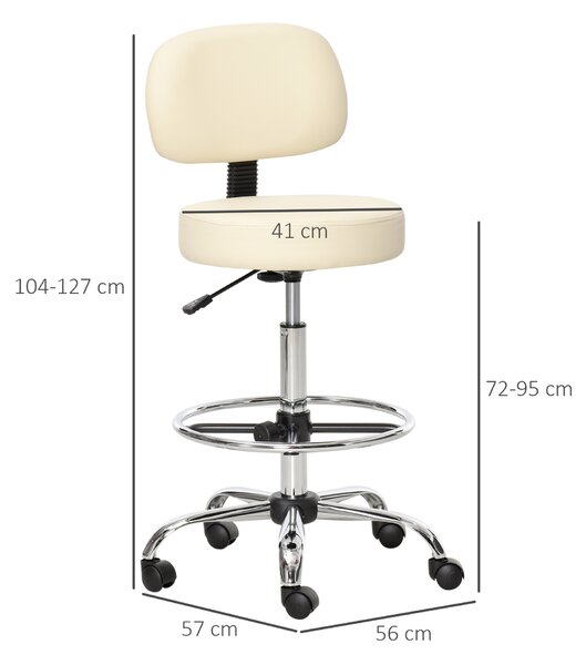 HOMCOM Sgabelli da bar, sedie girevoli, sgabelli da lavoro, sgabelli da ufficio, altezza regolabile, girevole a 360°, con schienale, imbottito, ampio sedile per un miglior comfort, PU beige, 56 x 57 x 104-127 cm