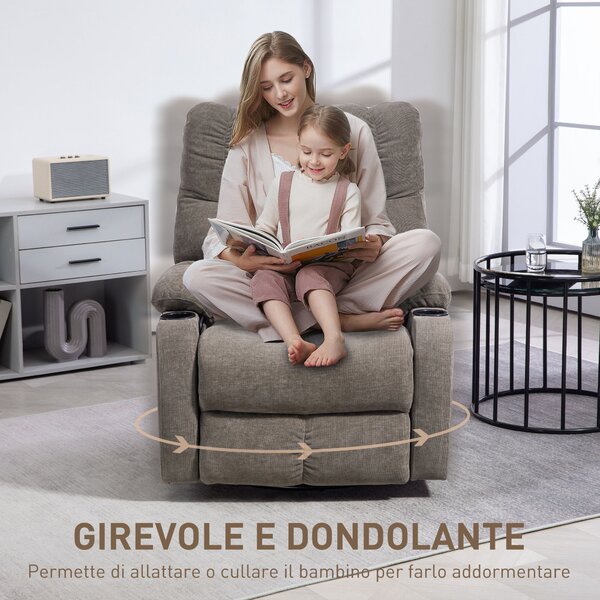 HOMCOM Poltrona Reclinabile 135° con Portabicchieri, in Schiuma, Acciaio e Tessuto Effetto Lino, 88x96x108 cm, Marrone