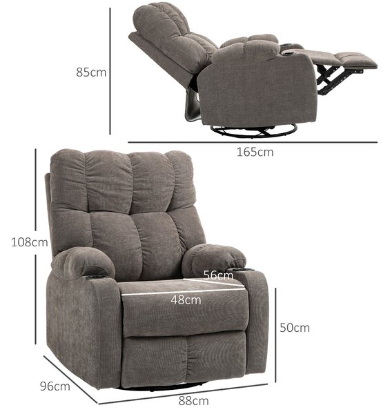 HOMCOM Poltrona Reclinabile 135° con Portabicchieri, in Schiuma, Acciaio e Tessuto Effetto Lino, 88x96x108 cm, Marrone
