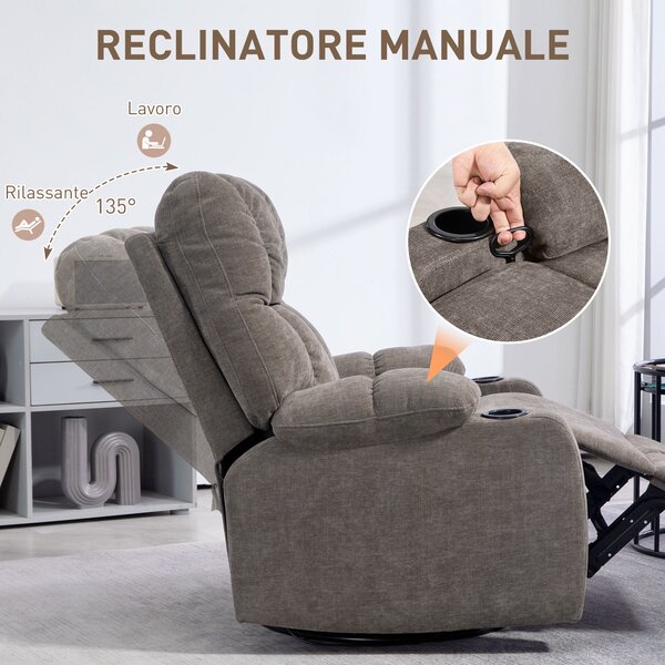 HOMCOM Poltrona Reclinabile 135° con Portabicchieri, in Schiuma, Acciaio e Tessuto Effetto Lino, 88x96x108 cm, Marrone