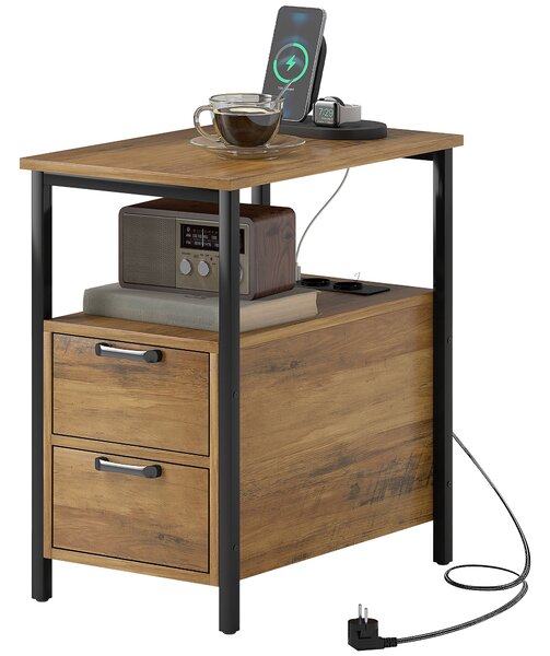 HOMCOM Tavolino comodino con 2 prese porta USB 1 presa tipo C cavo di 143 cm cassetti e scaffale legno naturale