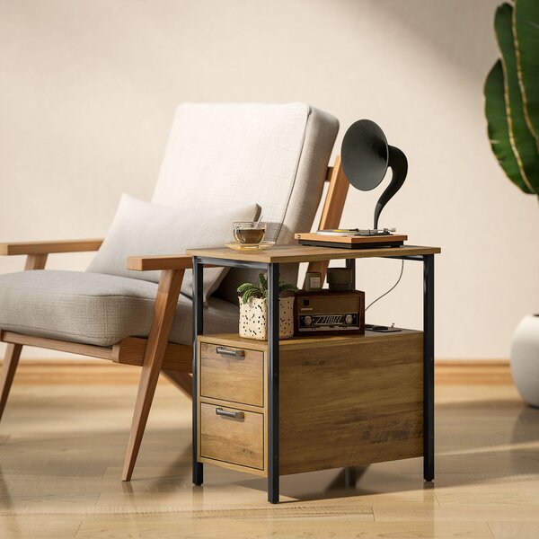 HOMCOM Tavolino comodino con 2 prese porta USB 1 presa tipo C cavo di 143 cm cassetti e scaffale legno naturale