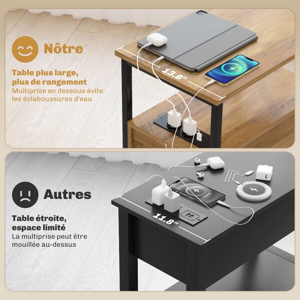 HOMCOM Tavolino comodino con 2 prese porta USB 1 presa tipo C cavo di 143 cm cassetti e scaffale legno naturale