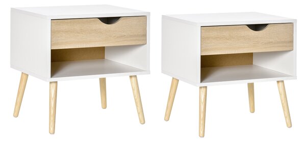 HOMCOM Set di 2 Comodini Moderni con Cassetto e Mensola, Base Rialzata e Gambe in Legno, 50x39x51cm, Bianco e Rovere|Aosom