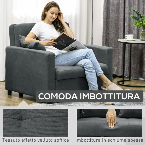 HOMCOM Poltrona Letto in Tessuto Effetto Velluto con 2 Cuscini e Spazio Contenitore, 100x98x88 cm, Grigio | Aosom Italy