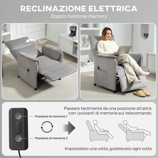 HOMCOM Poltrona Reclinabile Elettrica con Telecomando e Poggiapiedi, Sedia in Tessuto Effetto Velluto, 80x83x104 cm, Grigio | Aosom Italy