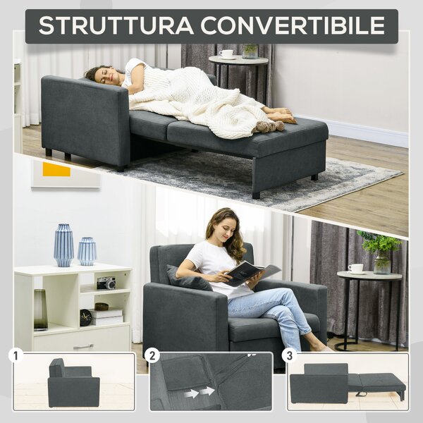HOMCOM Poltrona Letto in Tessuto Effetto Velluto con 2 Cuscini e Spazio Contenitore, 100x98x88 cm, Grigio | Aosom Italy