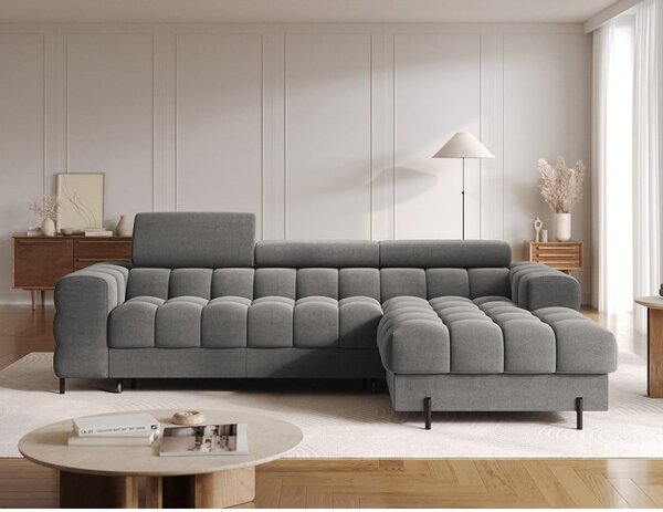 Divano angolare grigio tortora allungabile/con contenitore (con penisola a destra/con chaise lounge) con rivestimento in velluto Felro – ELTAP