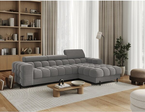 Divano angolare grigio tortora allungabile/con contenitore (con penisola a destra/con chaise lounge) con rivestimento in velluto Felro – ELTAP