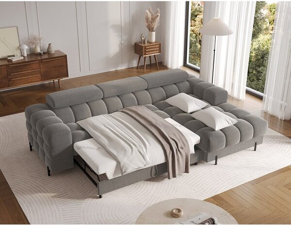 Divano angolare grigio tortora allungabile/con contenitore (con penisola a destra/con chaise lounge) con rivestimento in velluto Felro – ELTAP