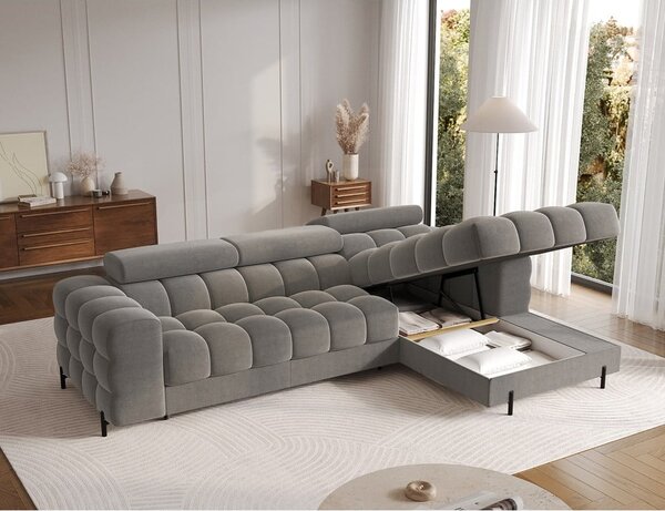 Divano angolare grigio tortora allungabile/con contenitore (con penisola a destra/con chaise lounge) con rivestimento in velluto Felro – ELTAP