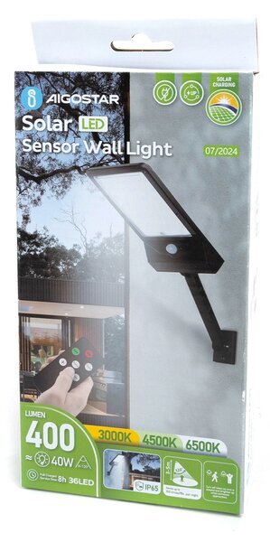 Faro Led 40W Nero con pannello solare IP65 Bianco freddo 6500K con sensore crepuscolare e di movimento Aigostar