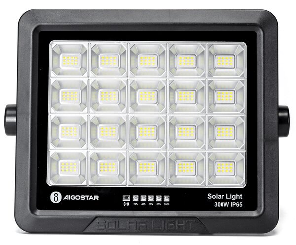 Faro Led 300W nero con pannello solare IP65 Bianco freddo 6500K Dimmerabile con telecomando e con sensore crepuscolare Aigostar