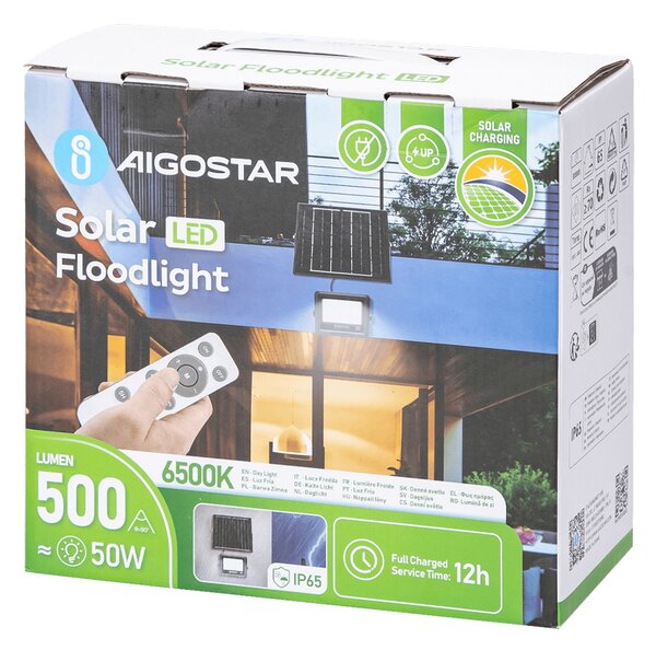 Faro Led 50W nero con pannello solare IP65 Bianco freddo 6500K Dimmerabile con telecomando e con sensore crepuscolare Aigostar
