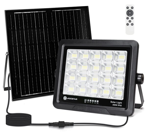 Faro Led 300W nero con pannello solare IP65 Bianco freddo 6500K Dimmerabile con telecomando e con sensore crepuscolare Aigostar