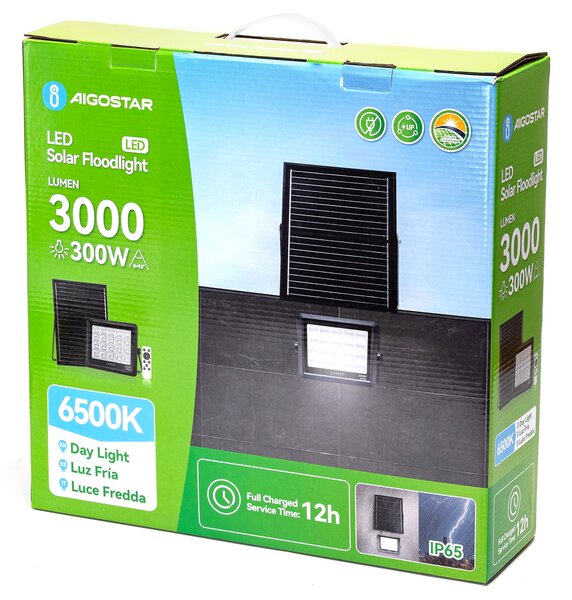 Faro Led 300W nero con pannello solare IP65 Bianco freddo 6500K Dimmerabile con telecomando e con sensore crepuscolare Aigostar