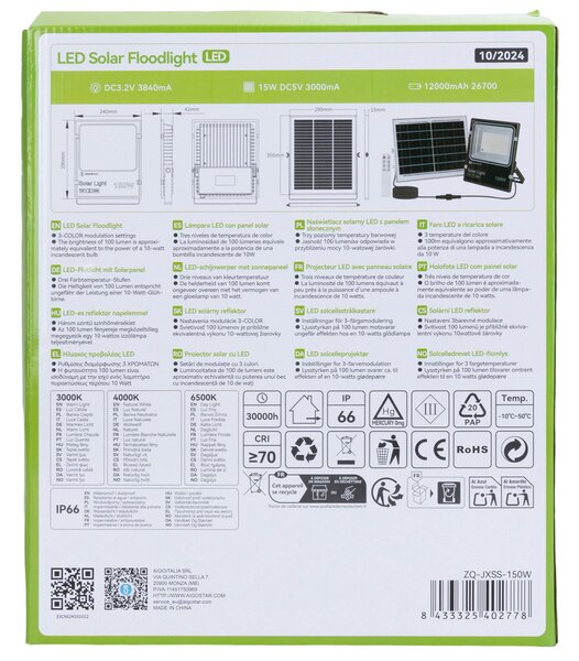 Faro Led 150W Nero con pannello solare IP66 CCT temperatura colore regolabile Dimmerabile con telecomando e crepuscolare Aigostar