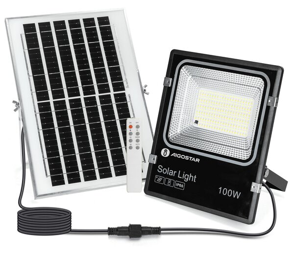 Faro Led 100W Nero con pannello solare IP66 CCT temperatura colore regolabile Dimmerabile con telecomando e crepuscolare Aigostar